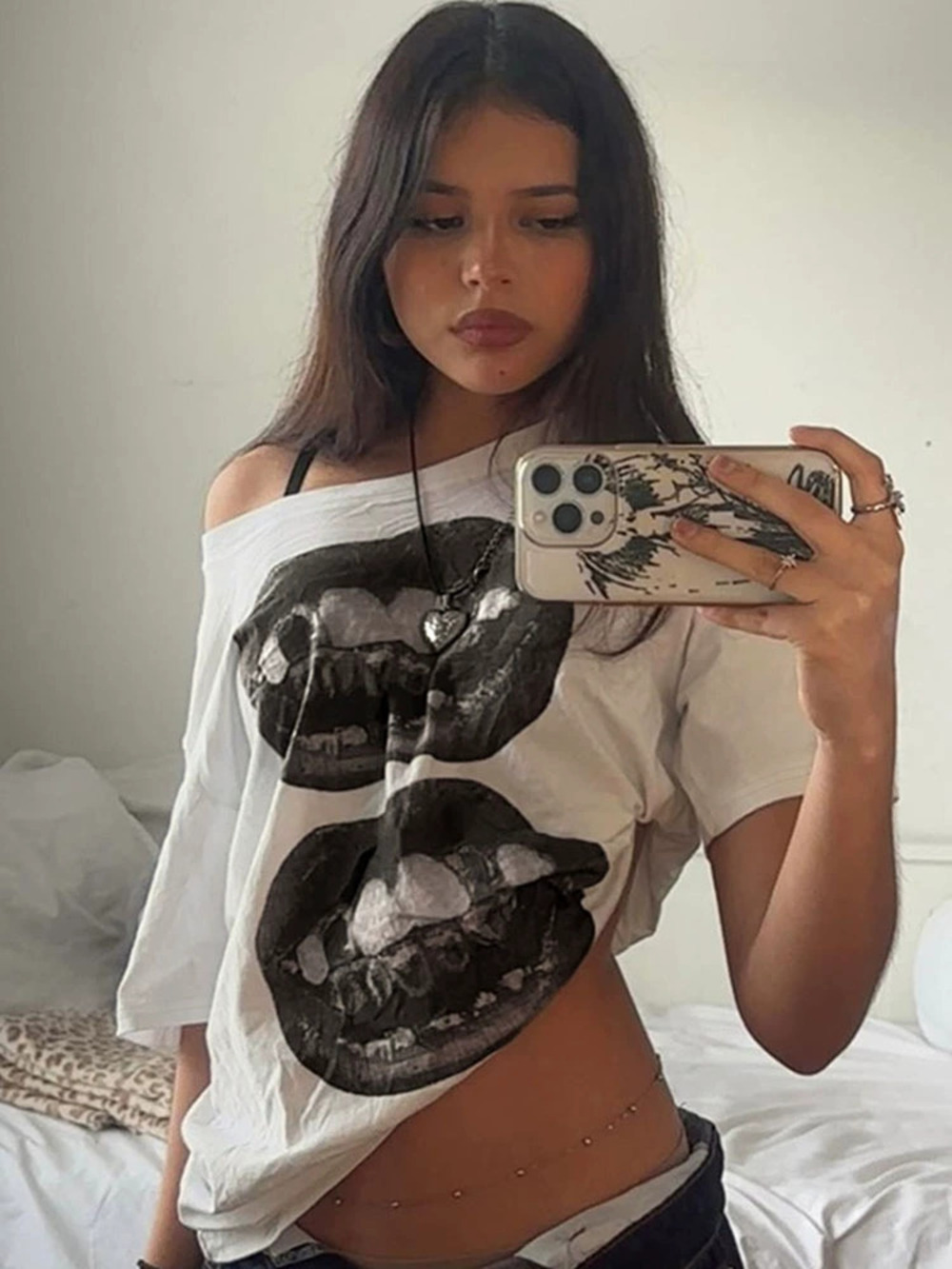 ZARA Womens Hip Hop Mouth Print Off Shoulder Loose Tee Streetwear Sexy